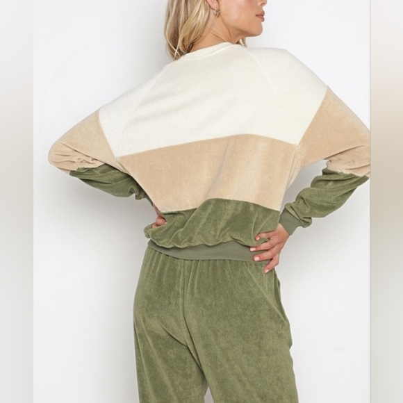 DONNI. Tri Terry Sweater Cream/Latte/Basil Women's XS Sweatshirt Color Block - Picture 2 of 9